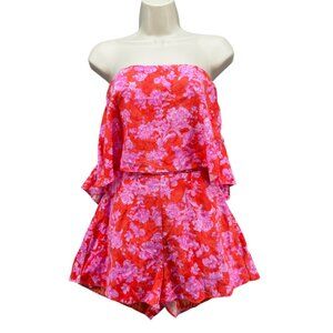 Pants Store Floral Romper Pink Red Floral Wide Leg Strapless Open Back Size S